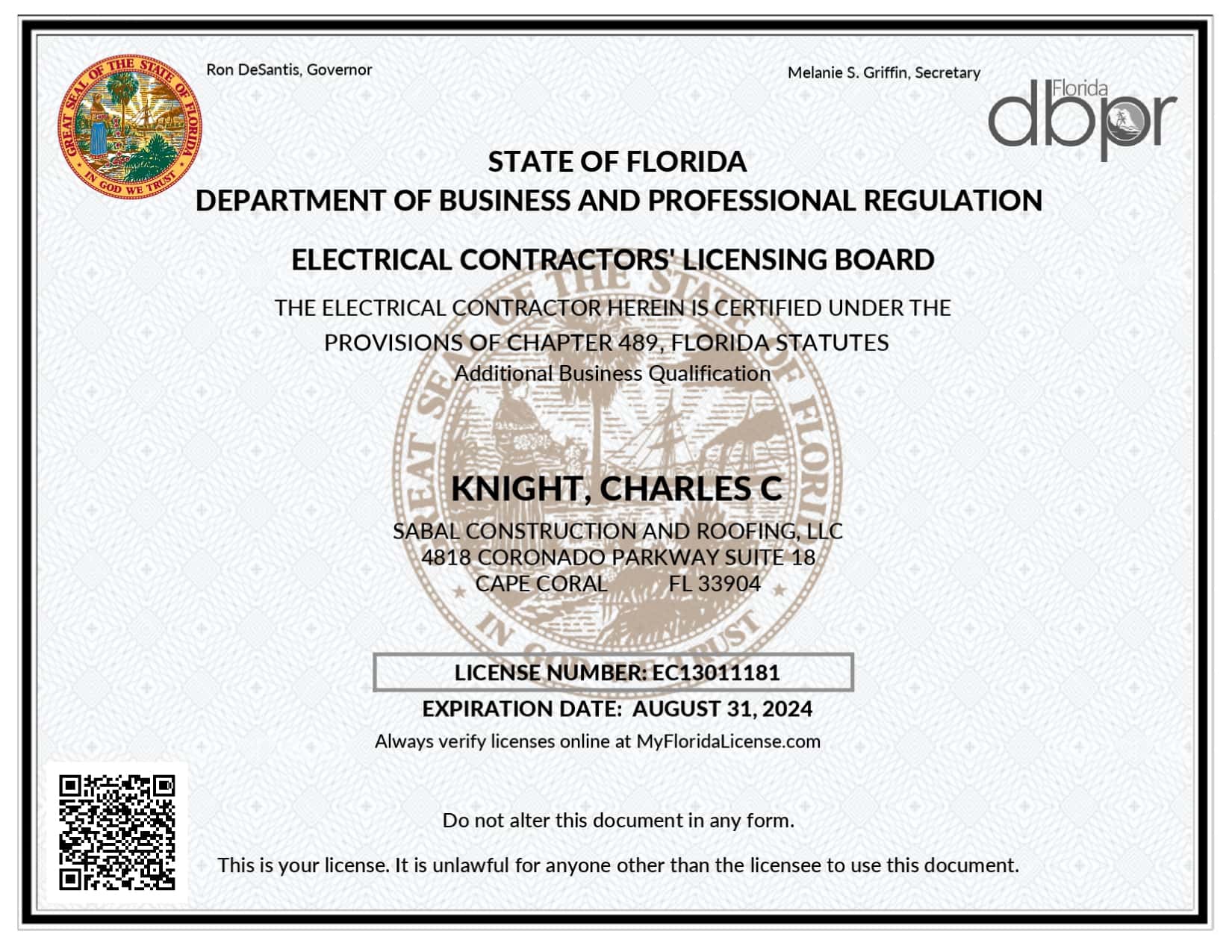 Our Licenses Sabal Construction and Roofing, LLC